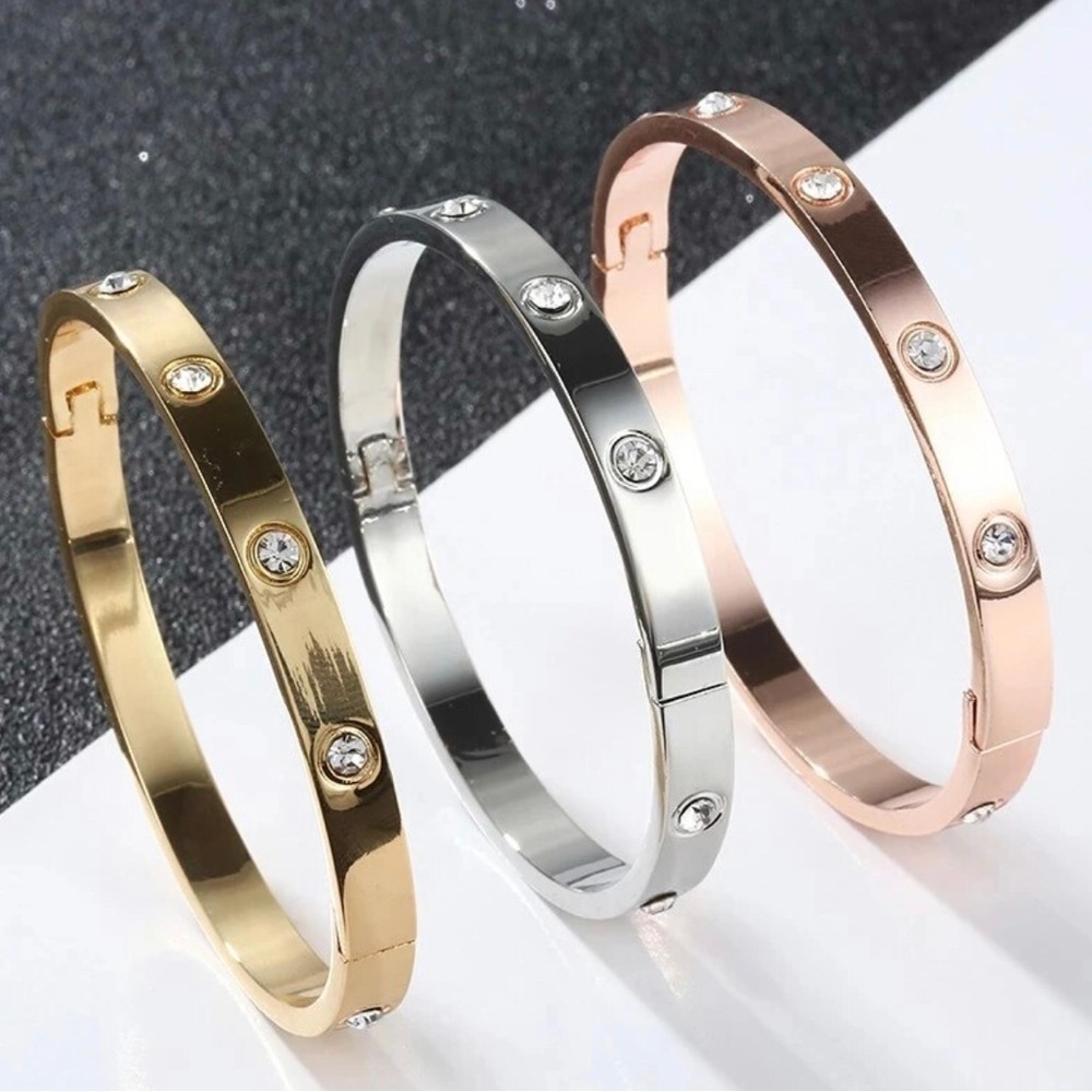 18K Gold Diamond Full Drill Love Inspired Bracelet Bangle Cuff No Fade Stackable - Picture 9 of 11